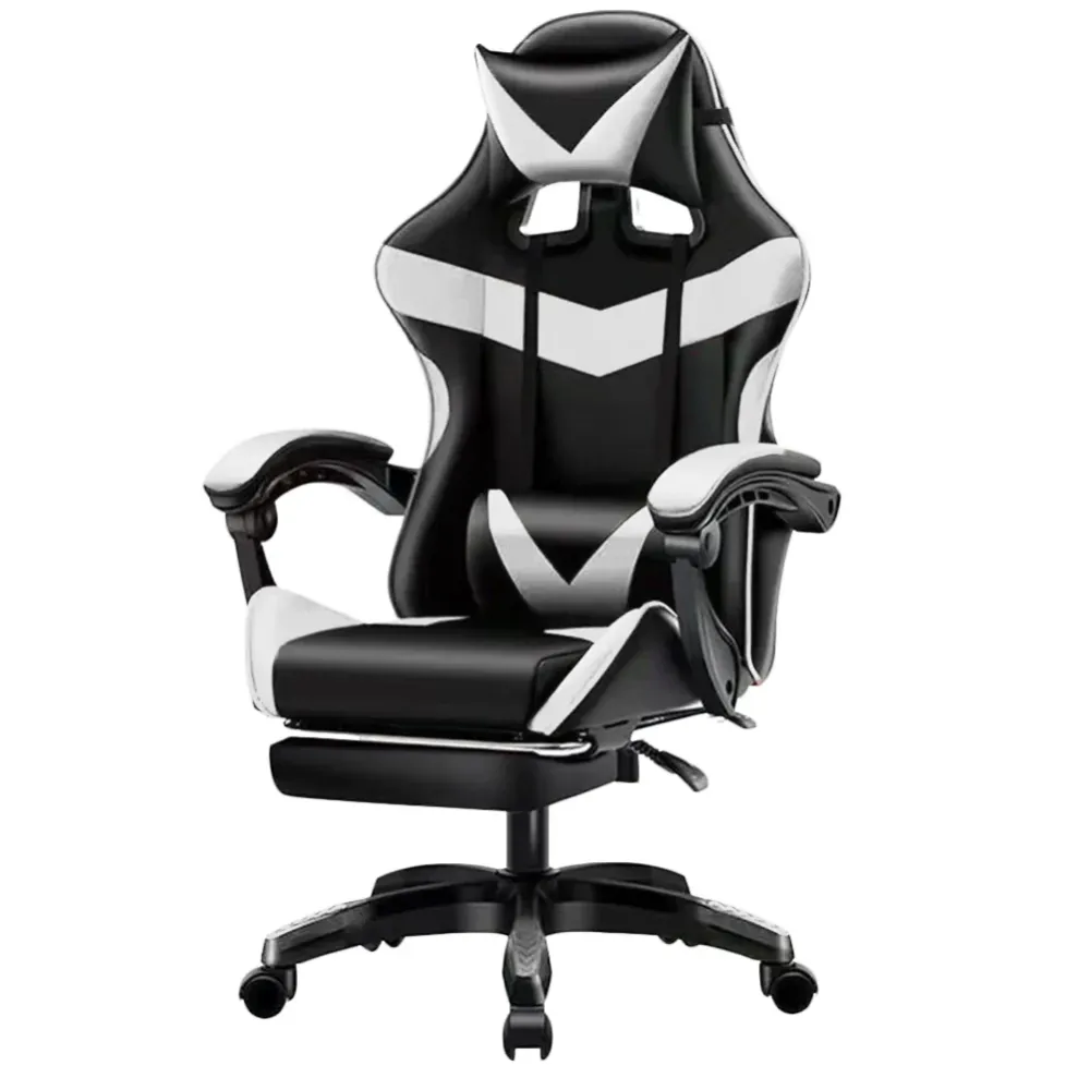 Sedia da Gaming Ergonomica con Poggiapiedi e Cuscini PVC Bianco e Nero