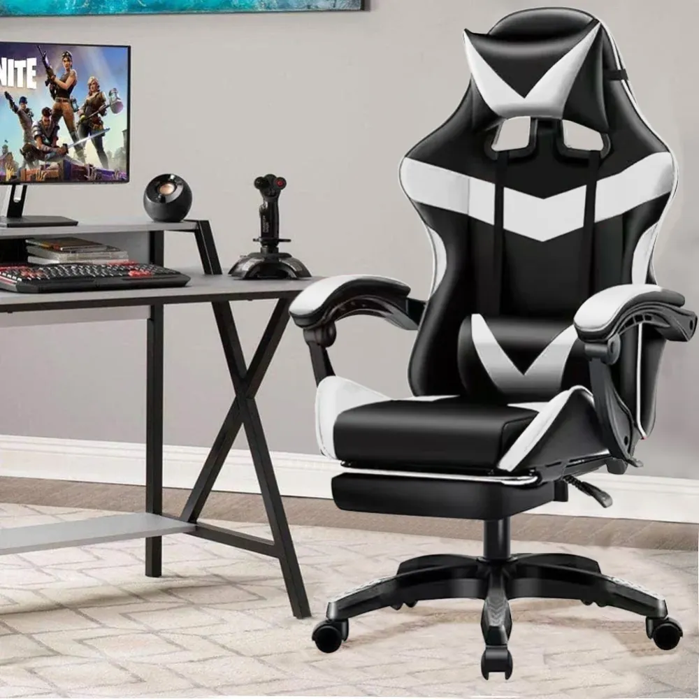 Sedia da Gaming Ergonomica con Poggiapiedi e Cuscini PVC Bianco e Nero