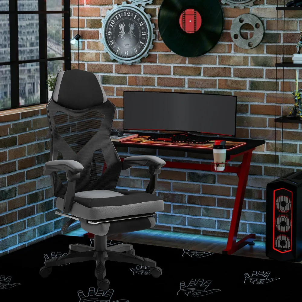 Sedia da Gaming Ergonomica con Schienale Reclinabile e Poggiapiedi Retrattile Tessuto Grigio
