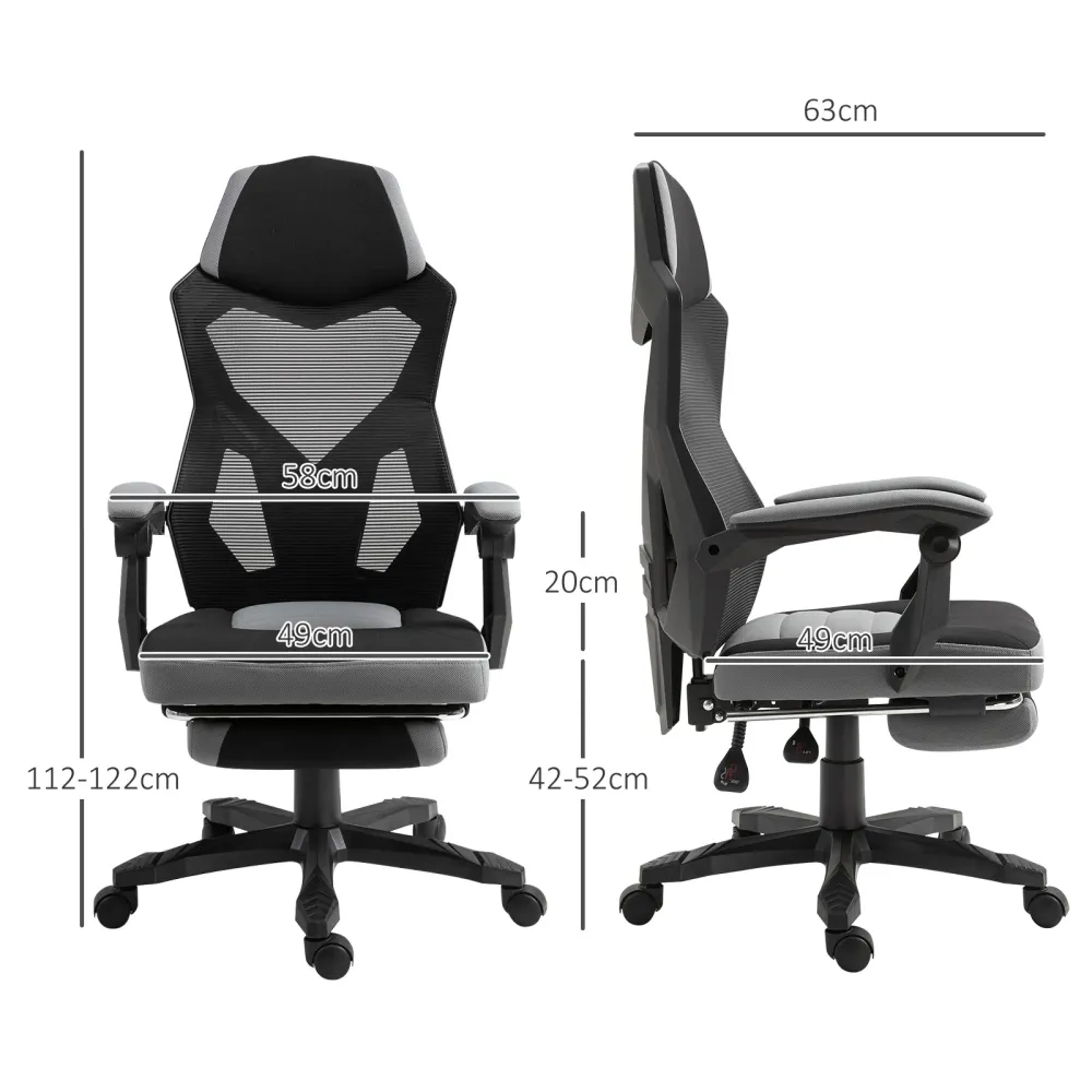 Sedia da Gaming Ergonomica con Schienale Reclinabile e Poggiapiedi Retrattile Tessuto Grigio