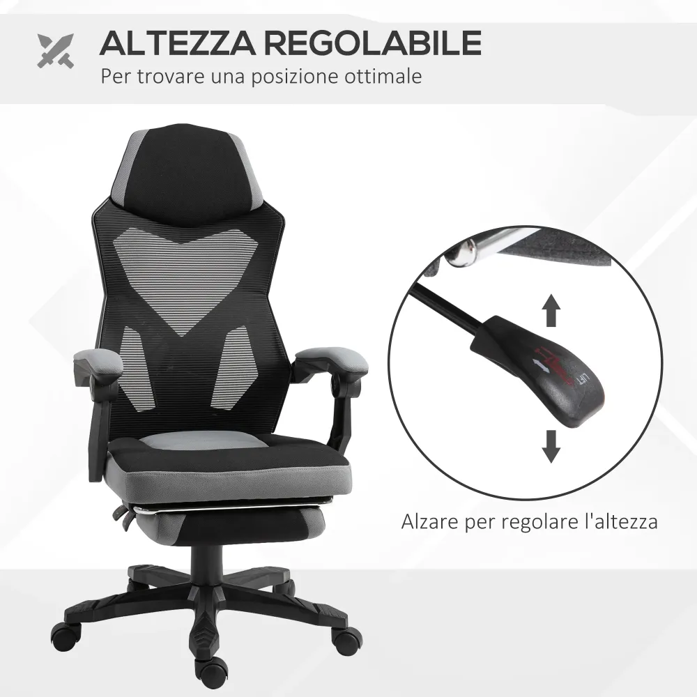 Sedia da Gaming Ergonomica con Schienale Reclinabile e Poggiapiedi Retrattile Tessuto Grigio