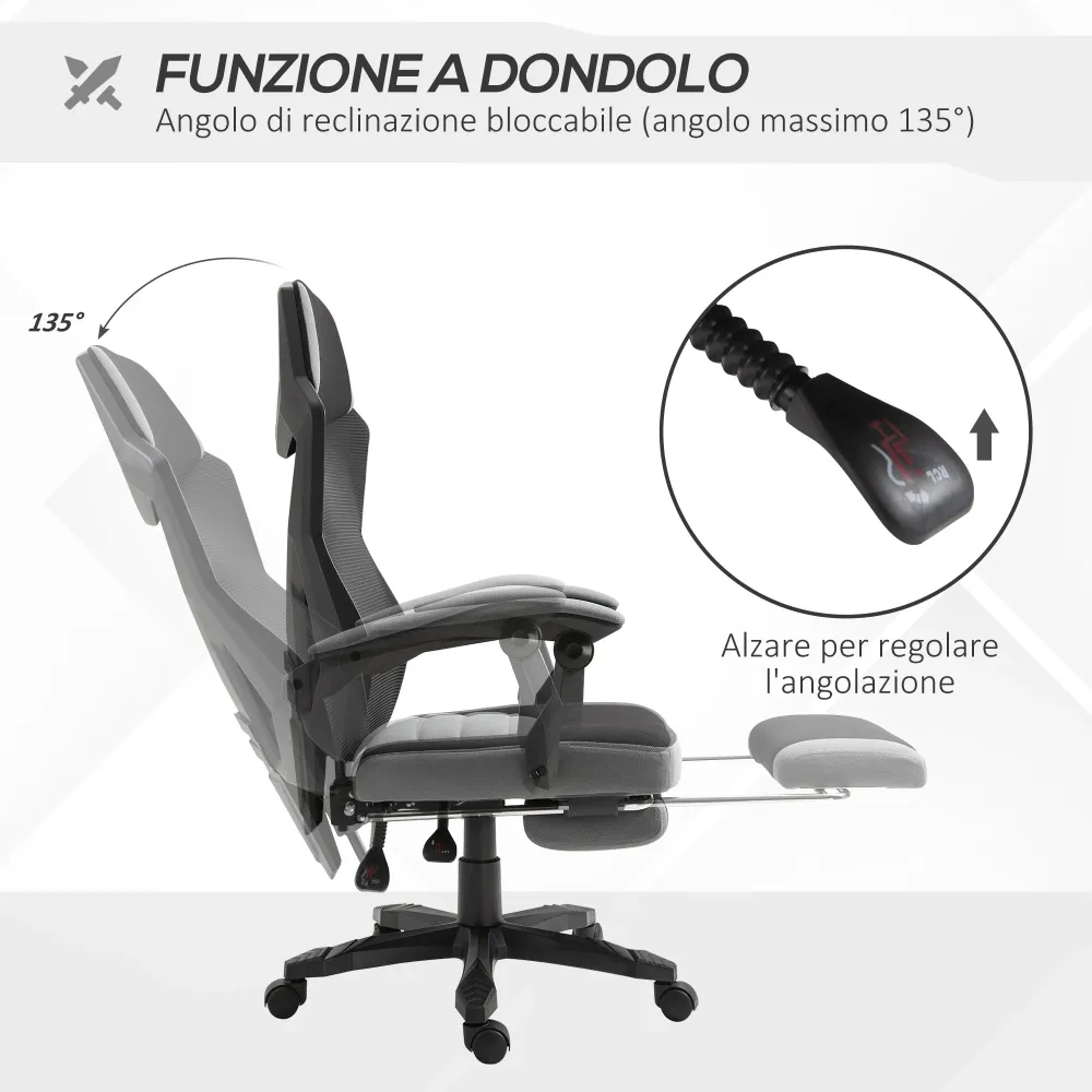 Sedia da Gaming Ergonomica con Schienale Reclinabile e Poggiapiedi Retrattile Tessuto Grigio