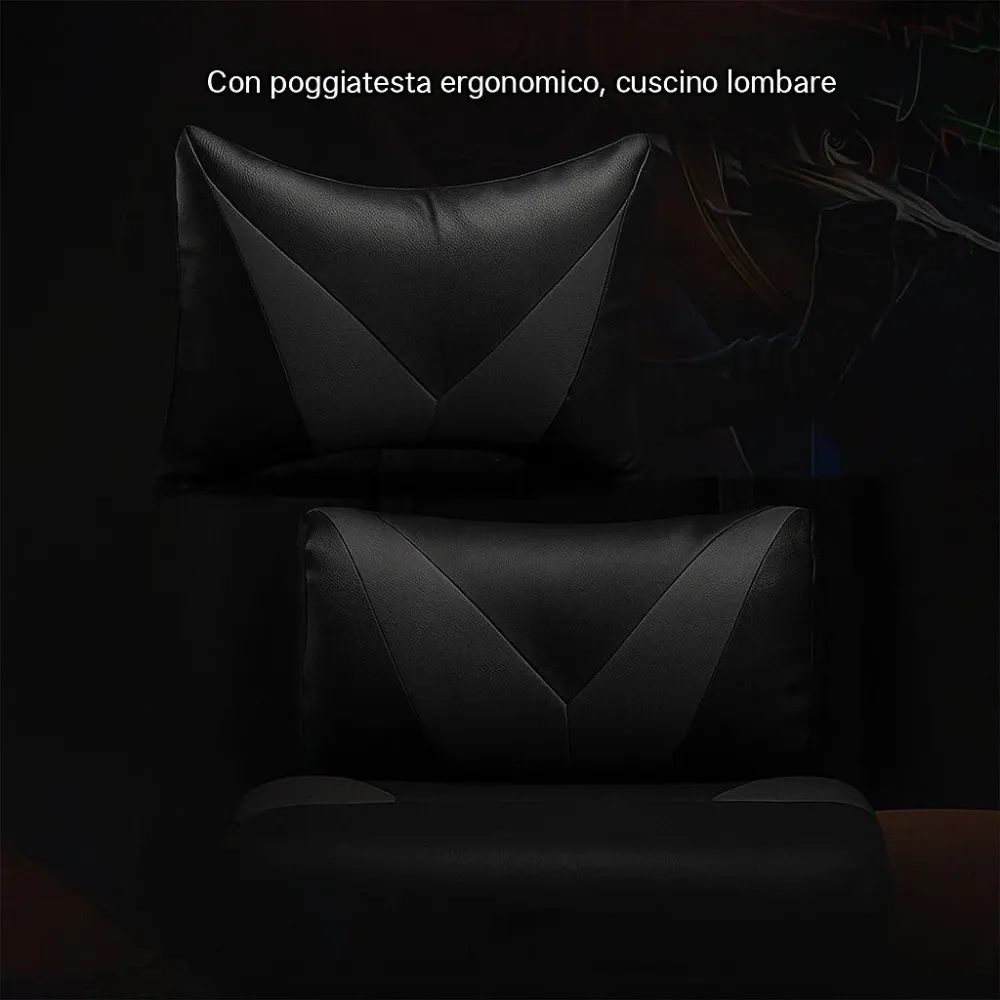Sedia Gaming Ergonomica Reclinabile 125° Poggiatesta e Cuscino Lombare Nero