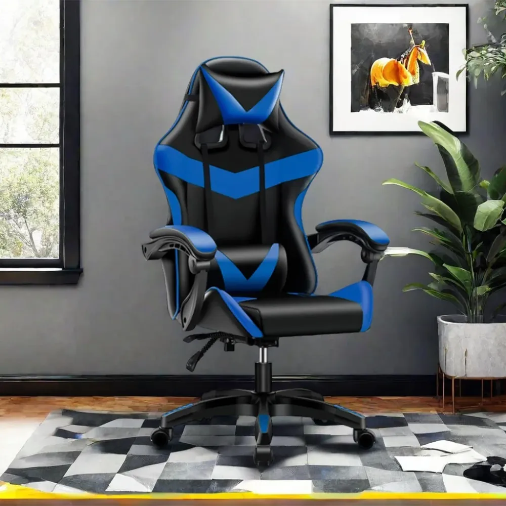 Sedia Gaming Ergonomica Reclinabile 125° Poggiatesta e Cuscino Lombare Blu