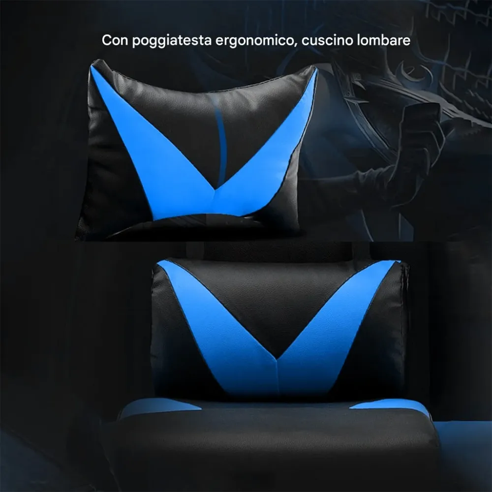 Sedia Gaming Ergonomica Reclinabile 125° Poggiatesta e Cuscino Lombare Blu