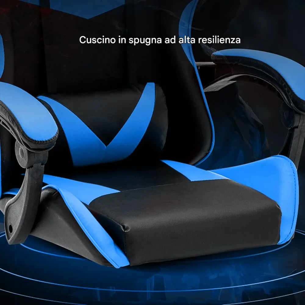 Sedia Gaming Ergonomica Reclinabile 125° Poggiatesta e Cuscino Lombare Blu