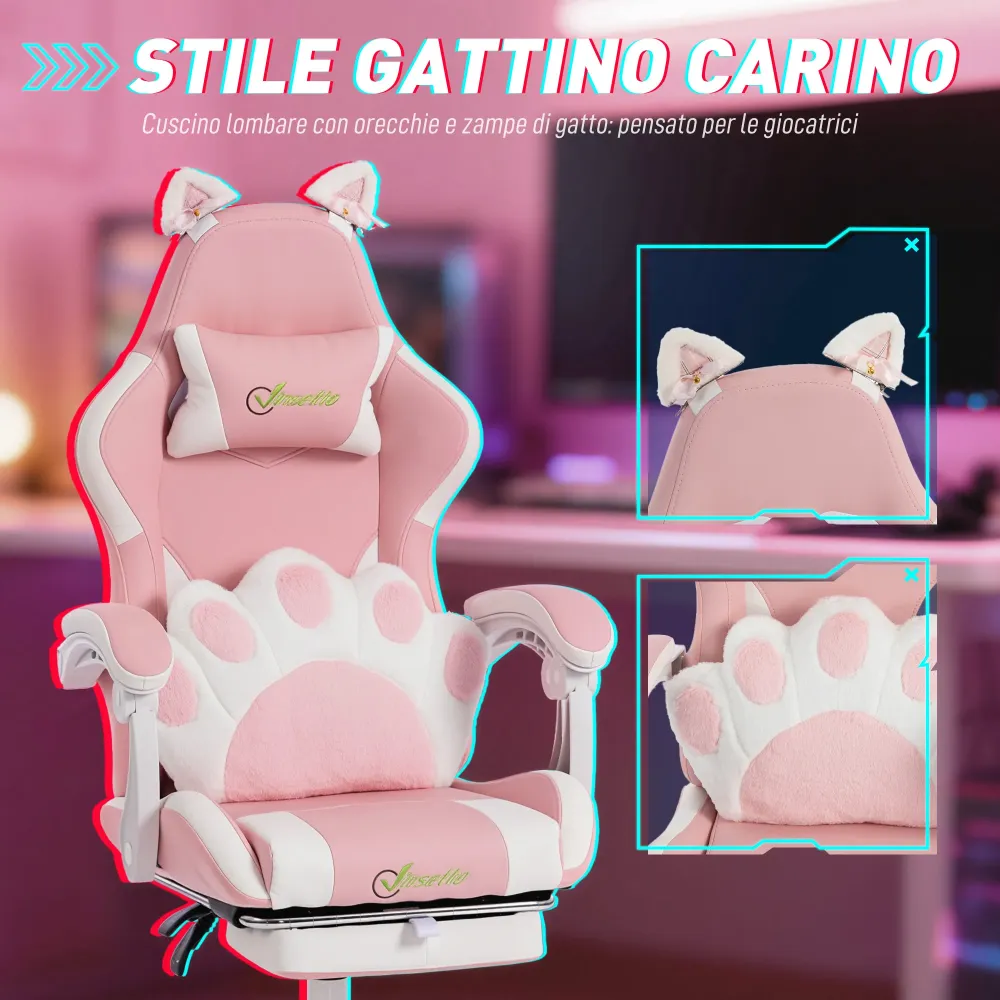 Sedia da Gaming Ergonomica Reclinabile con Poggiapiedi Rosa