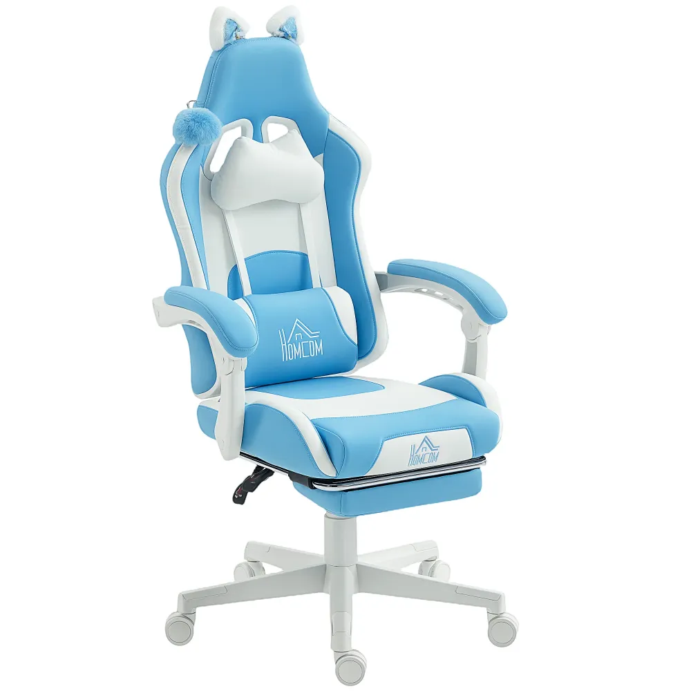 Sedia da Gaming Reclinabile 65x62x116-124 cm con Poggiapiedi e Cuscini Finta Pelle e Spugna Bianco e Azzurro