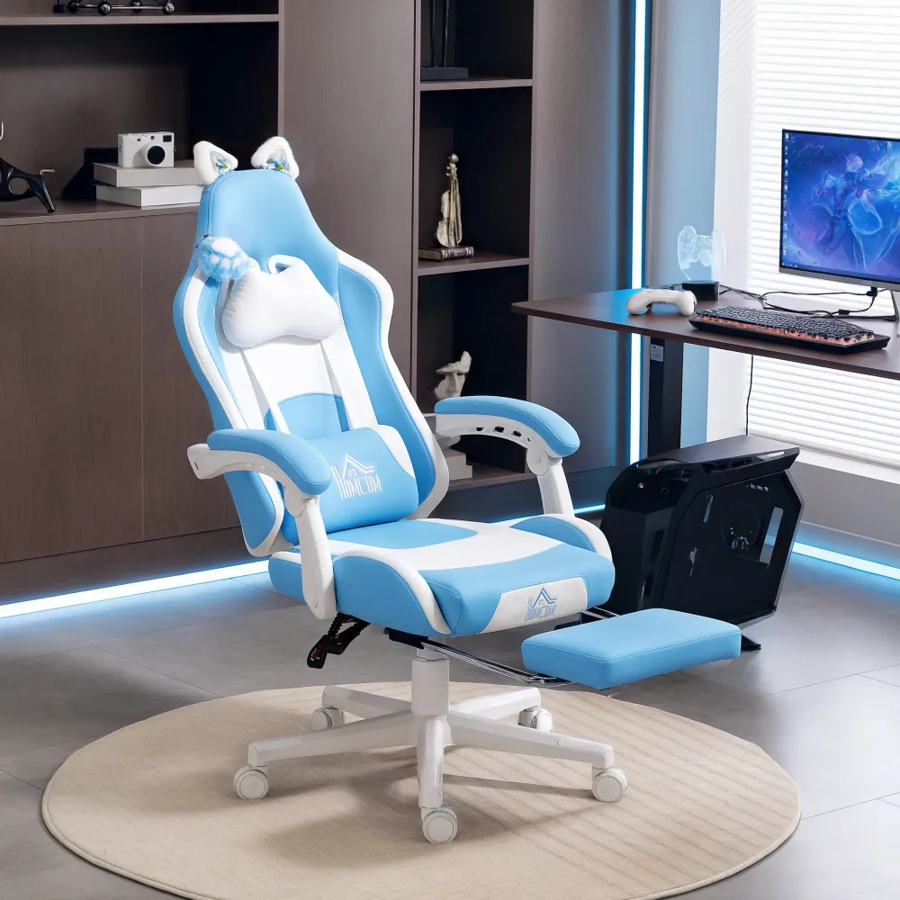 Sedia da Gaming Reclinabile 65x62x116-124 cm con Poggiapiedi e Cuscini Finta Pelle e Spugna Bianco e Azzurro