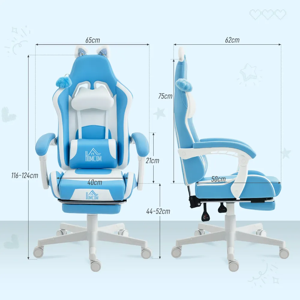 Sedia da Gaming Reclinabile 65x62x116-124 cm con Poggiapiedi e Cuscini Finta Pelle e Spugna Bianco e Azzurro