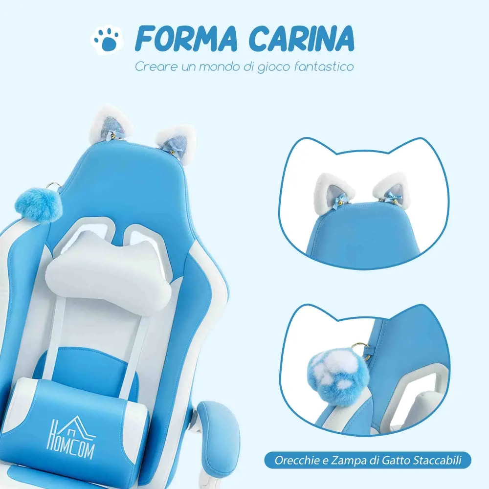 Sedia da Gaming Reclinabile 65x62x116-124 cm con Poggiapiedi e Cuscini Finta Pelle e Spugna Bianco e Azzurro