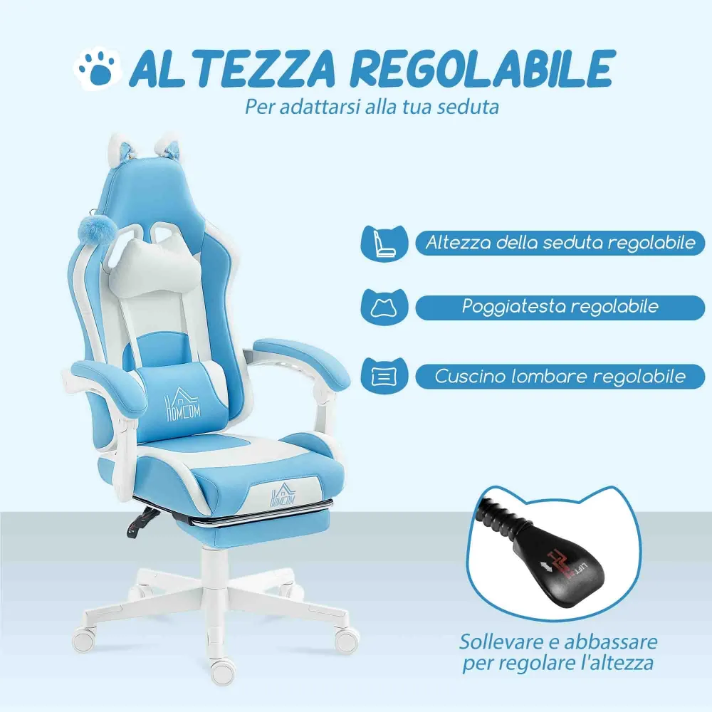 Sedia da Gaming Reclinabile 65x62x116-124 cm con Poggiapiedi e Cuscini Finta Pelle e Spugna Bianco e Azzurro