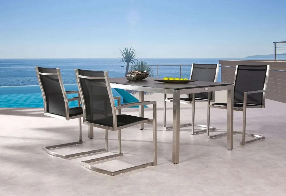 Sedia da giardino impilabile cantilever per esterni Marbella - acciaio inossidabile ed Ergotex - acciaio inossidabile/nero