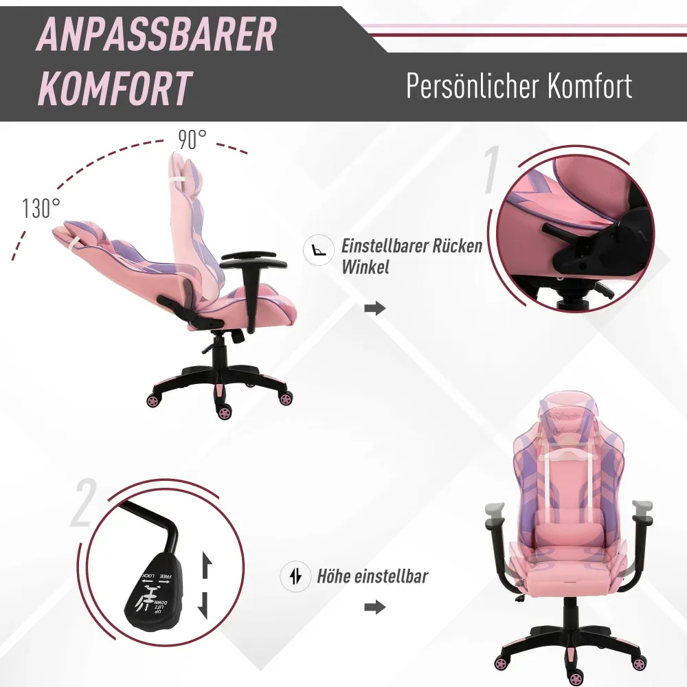 Sedia da gioco sedia da ufficio sedia girevole cuscino massaggiante regolabile altezza rosa + viola, 69x56x125,5 cm