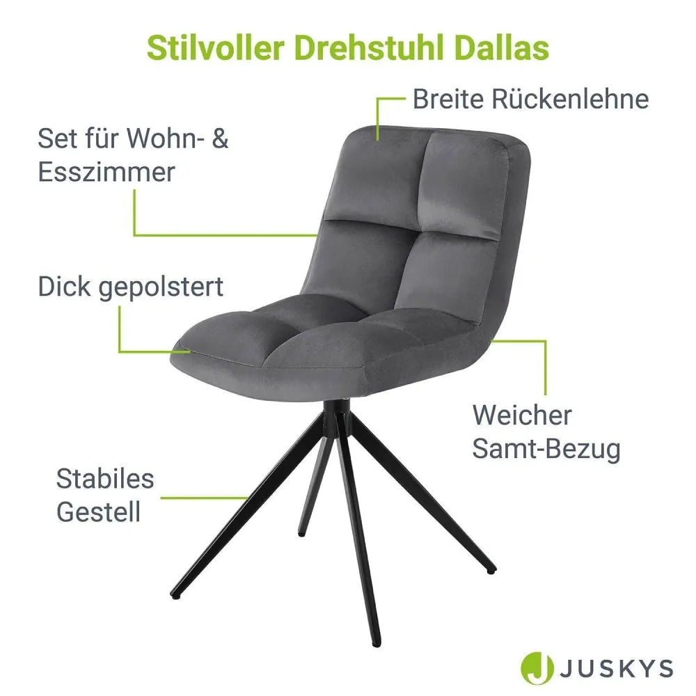 Sedia girevole Dallas, set da 6, velluto, grigio scuro