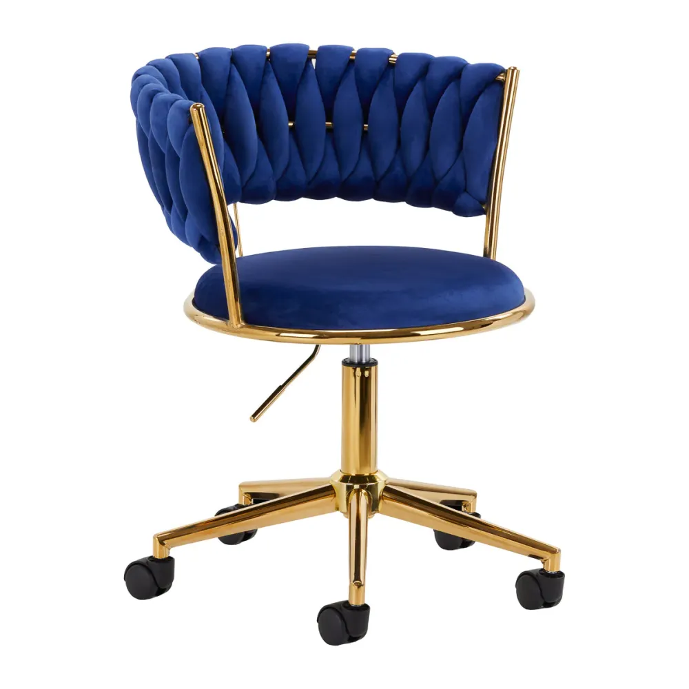 Sedia Girevole Velluto con Schienale Intrecciato e Base Oro | QS-GW01G (Blu Navy)