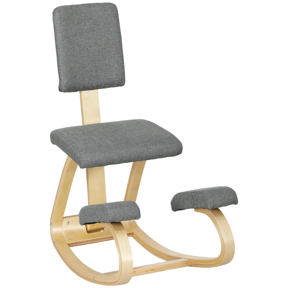 Sedia Inginocchiatoio con Movimento Dondolo 51x84x93 cm Tessuto Effetto Lino e Legno Grigio
