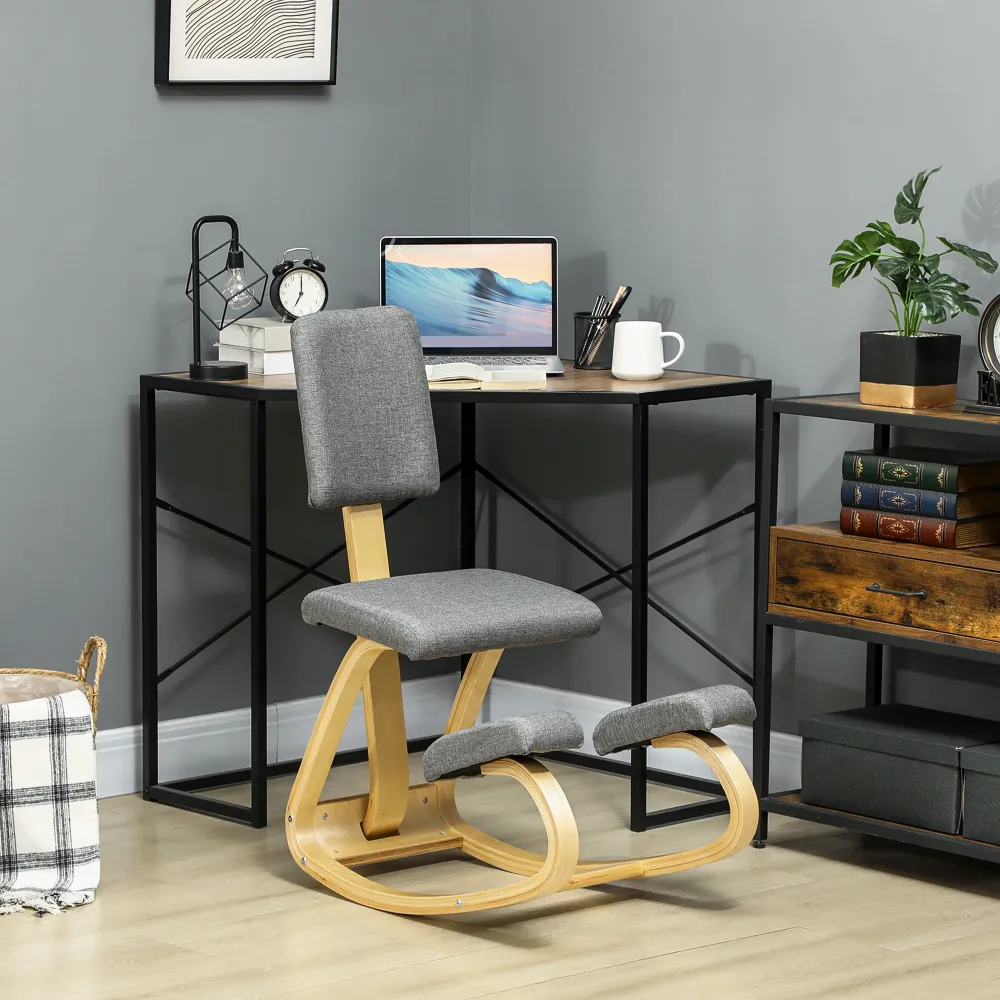 Sedia Inginocchiatoio con Movimento Dondolo 51x84x93 cm Tessuto Effetto Lino e Legno Grigio