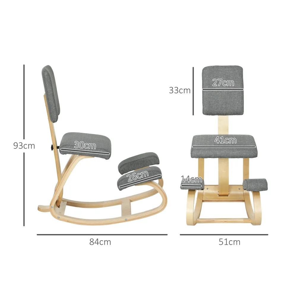 Sedia Inginocchiatoio con Movimento Dondolo 51x84x93 cm Tessuto Effetto Lino e Legno Grigio