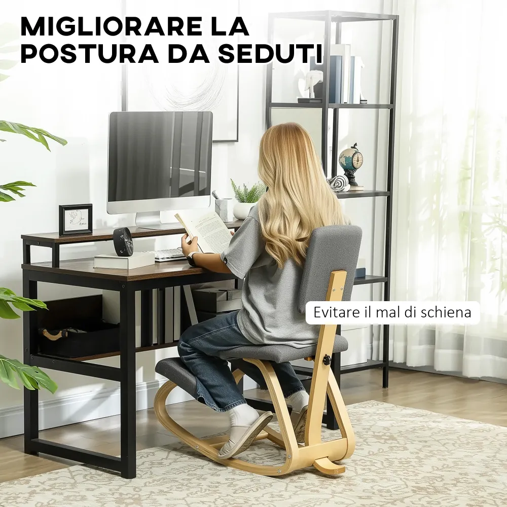 Sedia Inginocchiatoio con Movimento Dondolo 51x84x93 cm Tessuto Effetto Lino e Legno Grigio