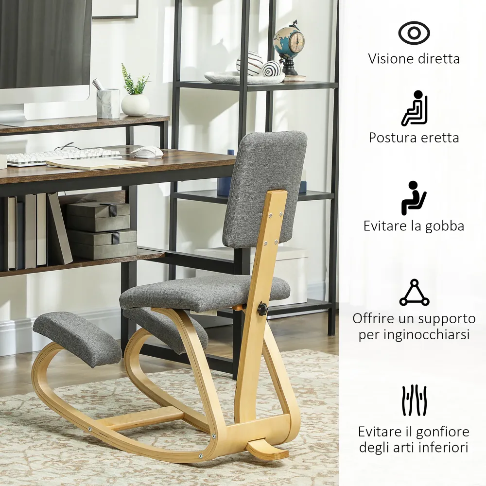 Sedia Inginocchiatoio con Movimento Dondolo 51x84x93 cm Tessuto Effetto Lino e Legno Grigio