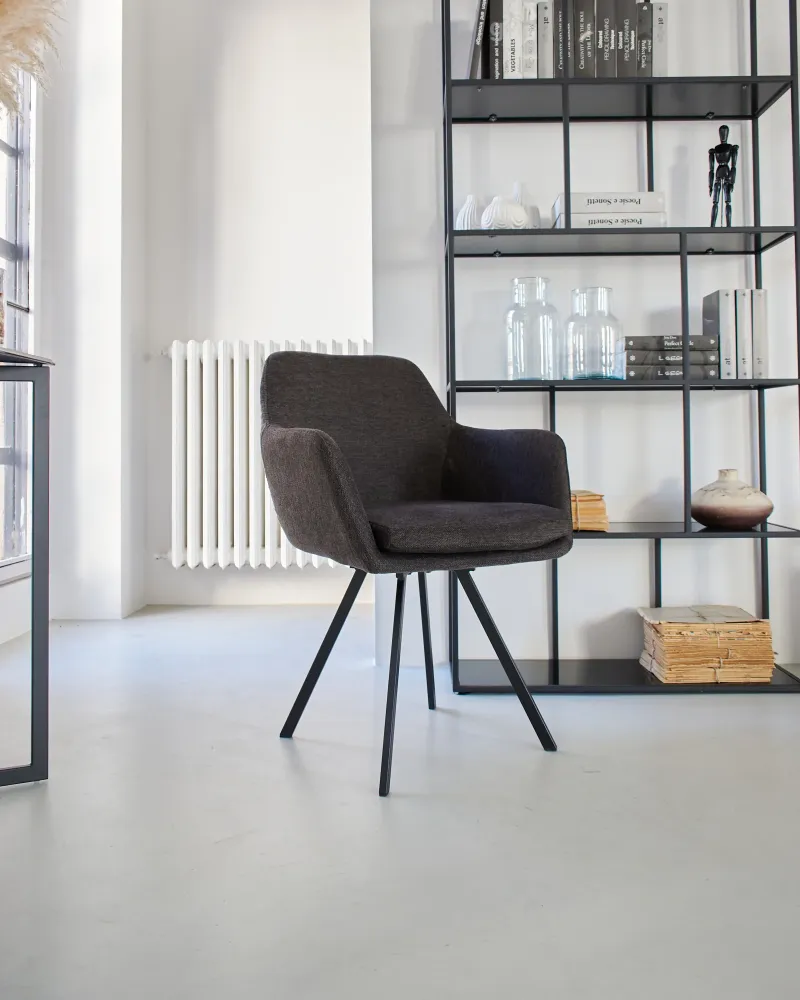 Sedia moderna girevole con braccioli tessuto e ferro Boston dark brown