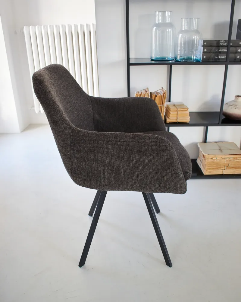 Sedia moderna girevole con braccioli tessuto e ferro Boston dark brown