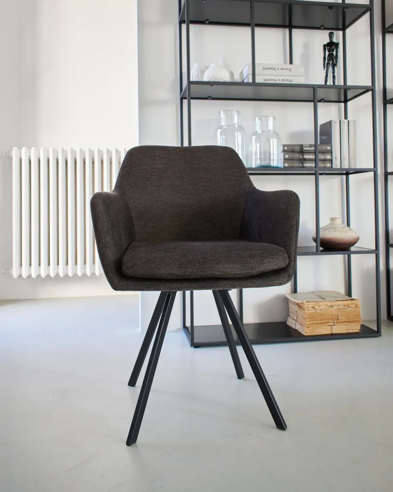 Sedia moderna girevole con braccioli tessuto e ferro Boston dark brown