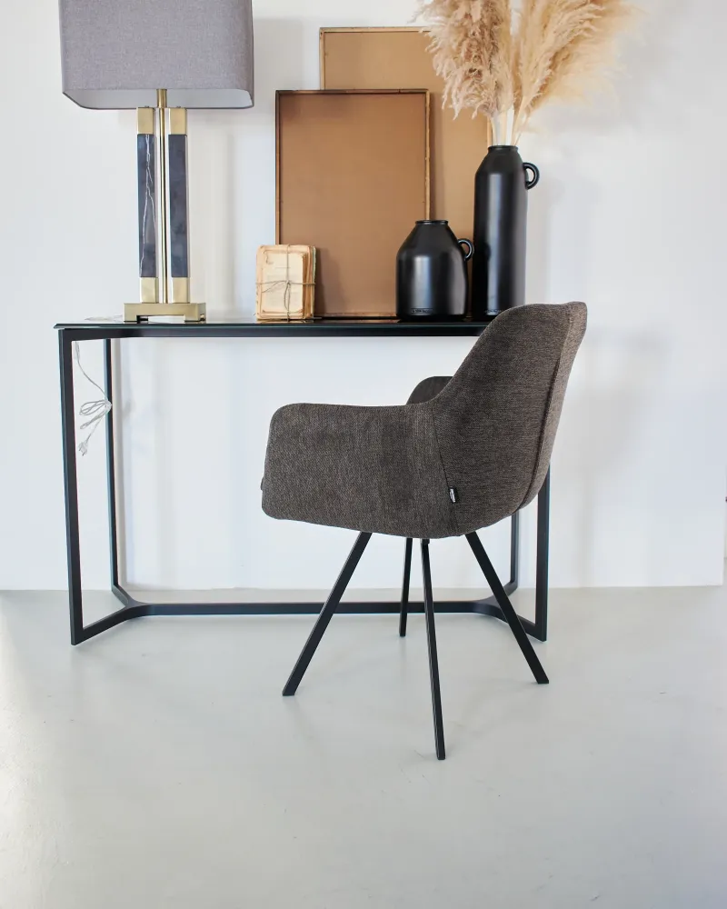 Sedia moderna girevole con braccioli tessuto e ferro Boston dark brown