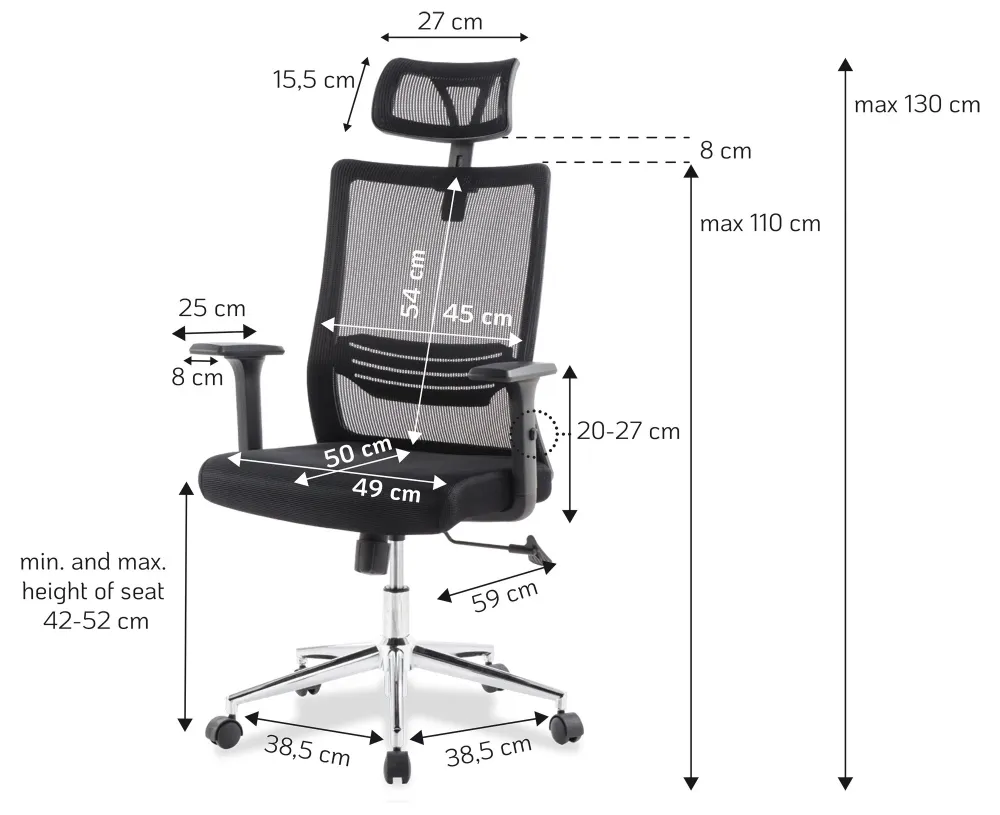 Sedia per Ufficio con Schienale Alto Poggiatesta e Base Cromata Nero