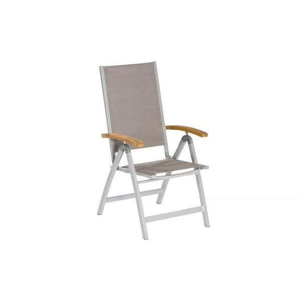 Sedia pieghevole NAXOS schienale alto, alluminio + tessuto grigio + acacia, certificata FSC®