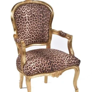 Sedia poltrona barocco Luigi XVI legno color oro tessuto leopardato cm 63x65x94h