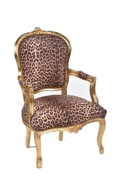 Sedia poltrona barocco Luigi XVI legno color oro tessuto leopardato cm 63x65x94h