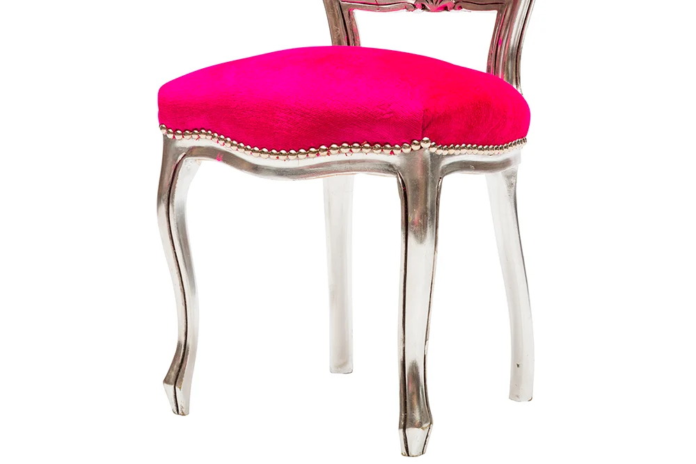 Sedia poltrona da camera o salotto legno colore argento e tessuto fucsia 44x48x85h
