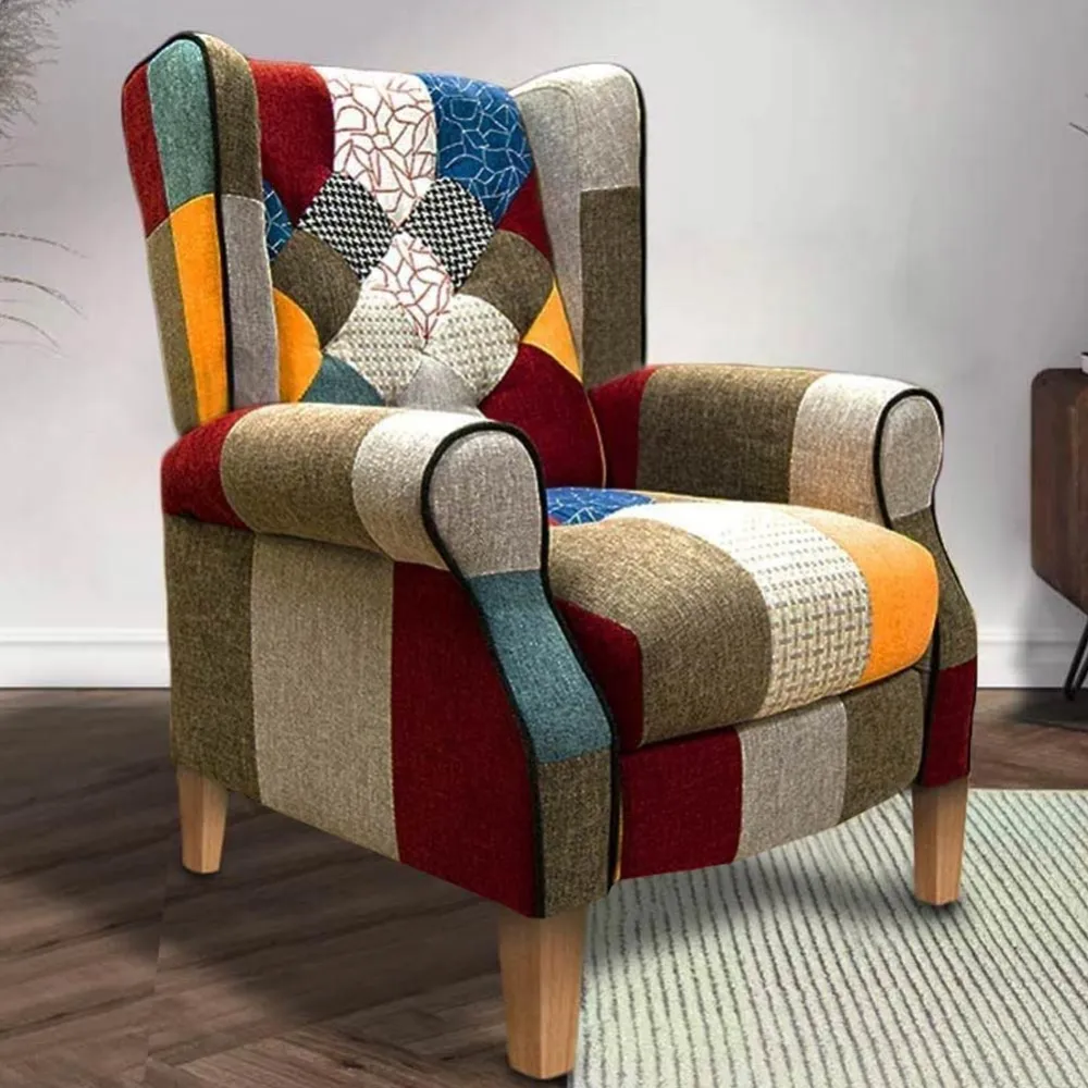 Sedia Poltrona Reclinabile Patchwork Toppe Seduta Comoda Piedini Legno Chiaro