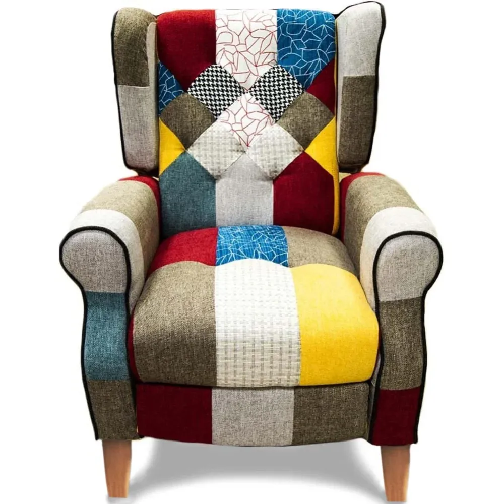 Sedia Poltrona Reclinabile Patchwork Toppe Seduta Comoda Piedini Legno Chiaro