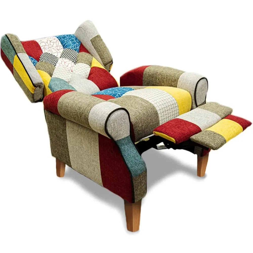 Sedia Poltrona Reclinabile Patchwork Toppe Seduta Comoda Piedini Legno Chiaro