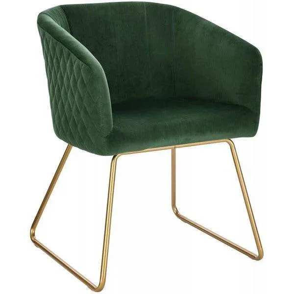 Sedia da pranzo con braccioli velluto e gambe metallo, struttura slitta, verde scuro