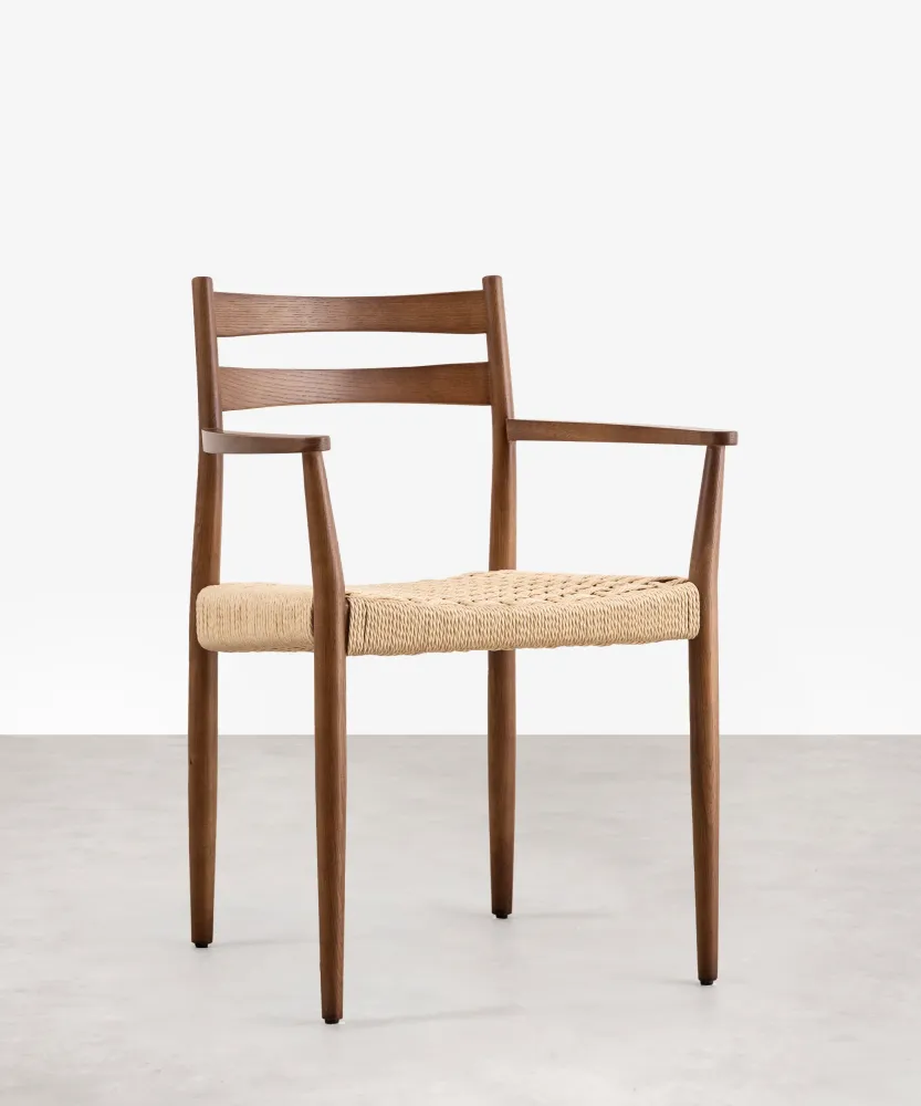 Sedia da pranzo legno e corda intrecciata con braccioli Nona Arms
