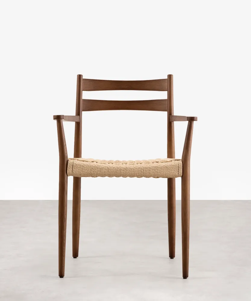 Sedia da pranzo legno e corda intrecciata con braccioli Nona Arms