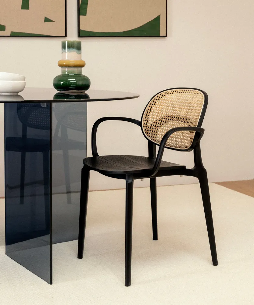 Sedia da pranzo polipropilene, legno e rattan con braccioli Calista Arms
