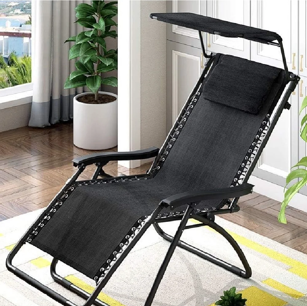 Sedia Sdraio con Parasole Nera Reclinabile con Poggiatesta Design Ergonomico