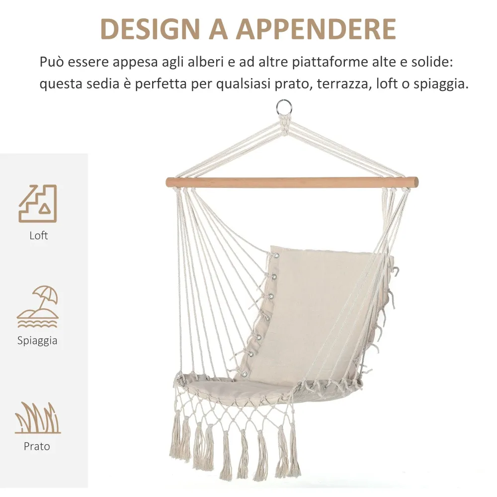 Sedia Sospesa Dondolo 90x50 cm da Interno ed Esterno Tessuto con Nappe Crema