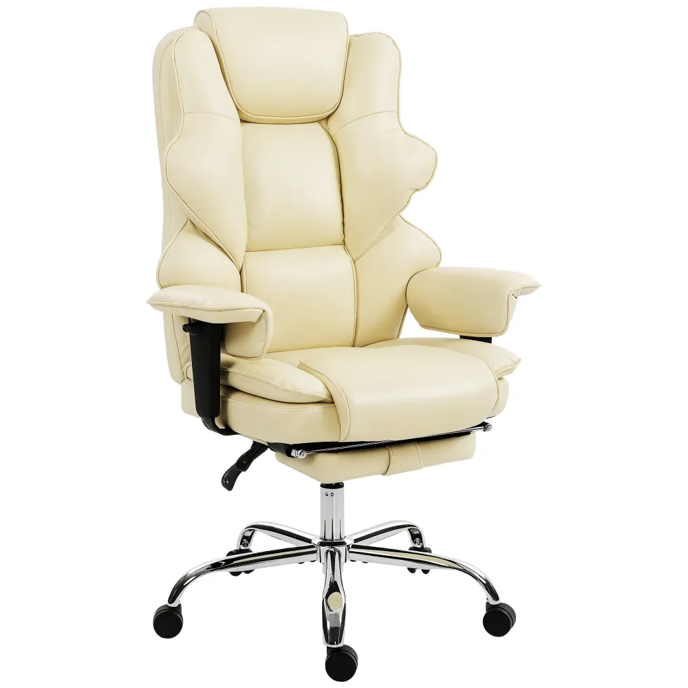 Sedia da Ufficio con Poggiapiedi e Poggiatesta 76x73x117-125 cm Pelle PU Schiuma e Metallo Bianco Crema