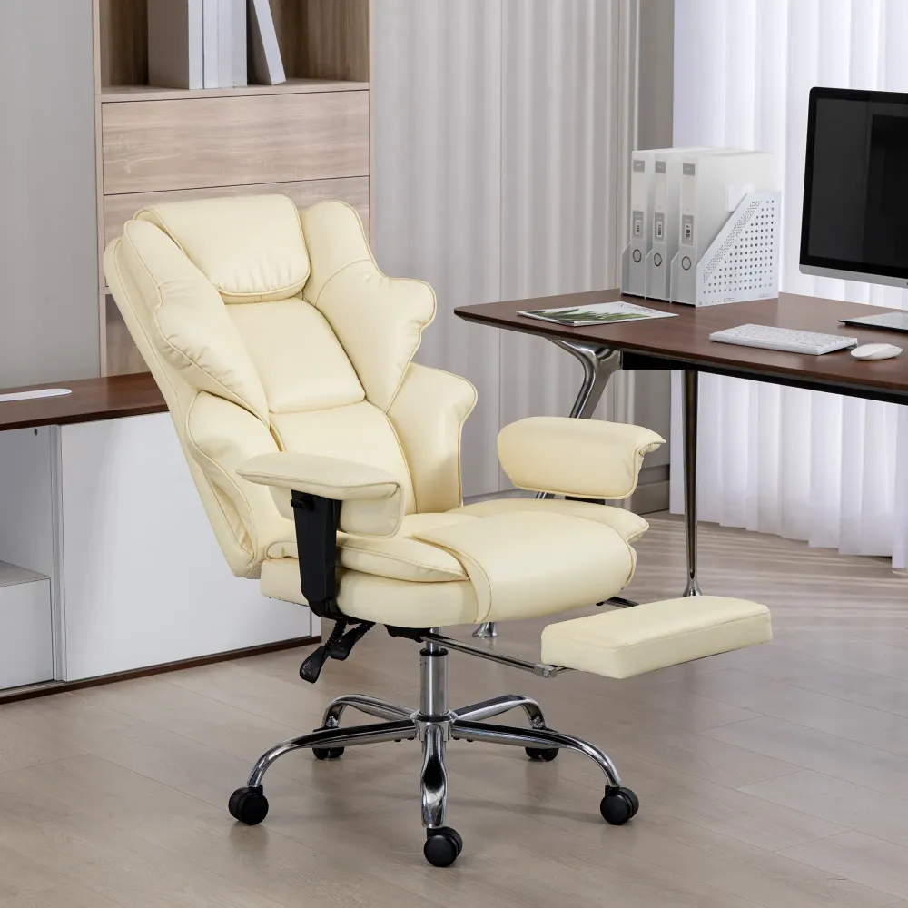 Sedia da Ufficio con Poggiapiedi e Poggiatesta 76x73x117-125 cm Pelle PU Schiuma e Metallo Bianco Crema