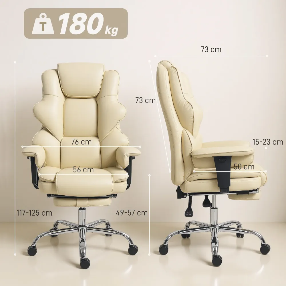Sedia da Ufficio con Poggiapiedi e Poggiatesta 76x73x117-125 cm Pelle PU Schiuma e Metallo Bianco Crema