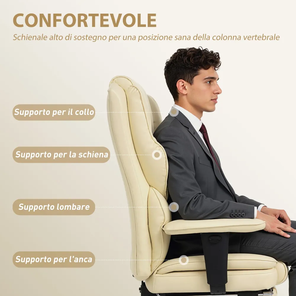 Sedia da Ufficio con Poggiapiedi e Poggiatesta 76x73x117-125 cm Pelle PU Schiuma e Metallo Bianco Crema