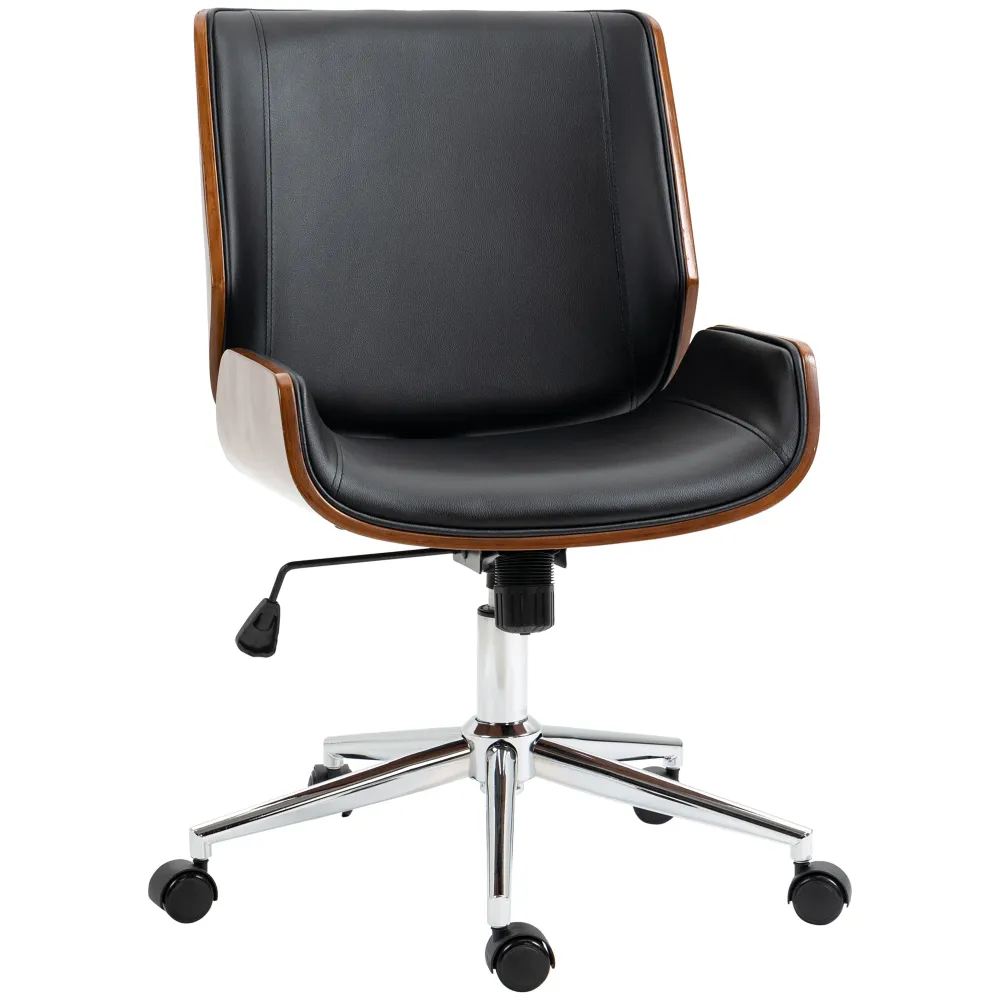 Sedia da Ufficio Design Vintage Imbottita Finta Pelle Struttura Legno di Pioppo Nero e Marrone Scuro