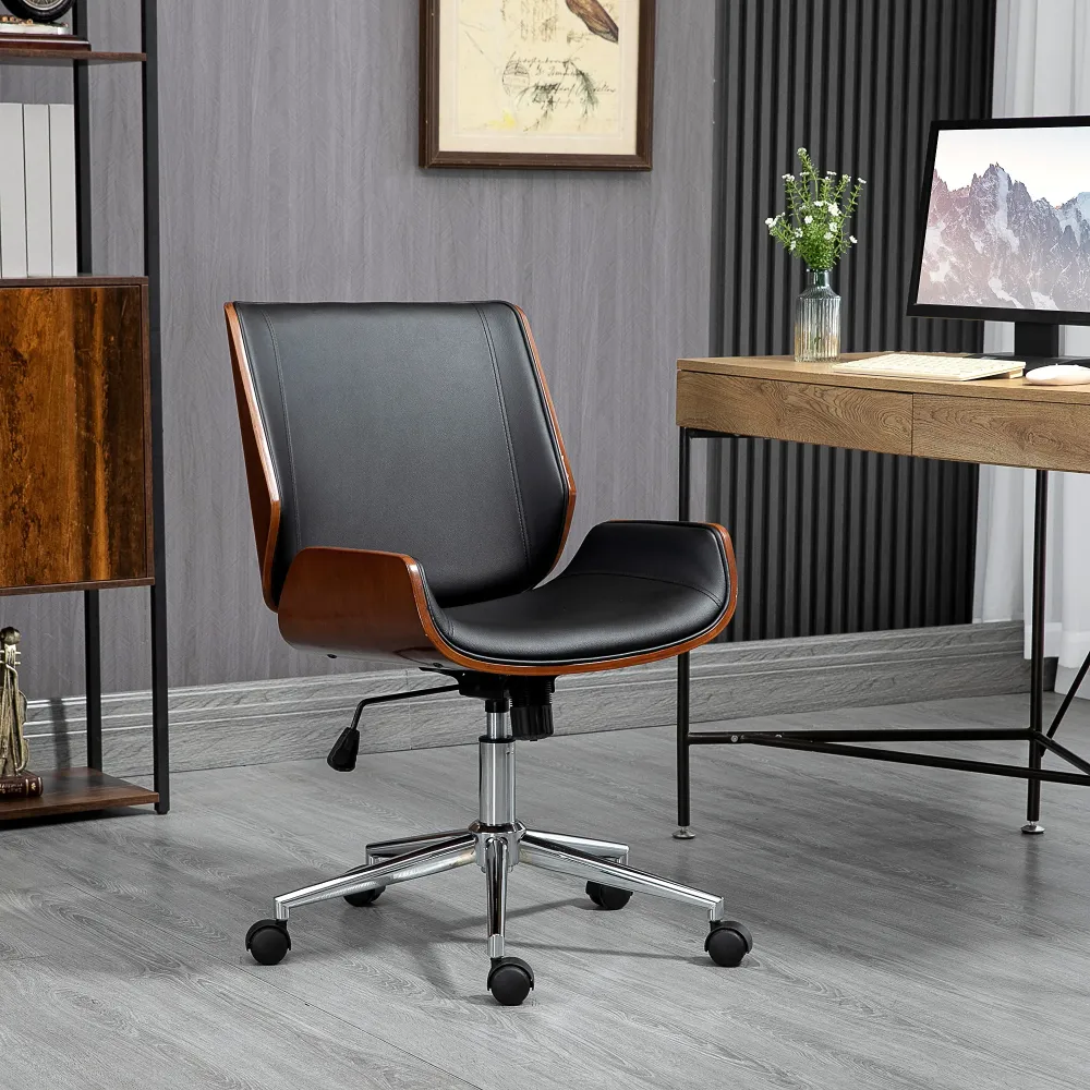 Sedia da Ufficio Design Vintage Imbottita Finta Pelle Struttura Legno di Pioppo Nero e Marrone Scuro