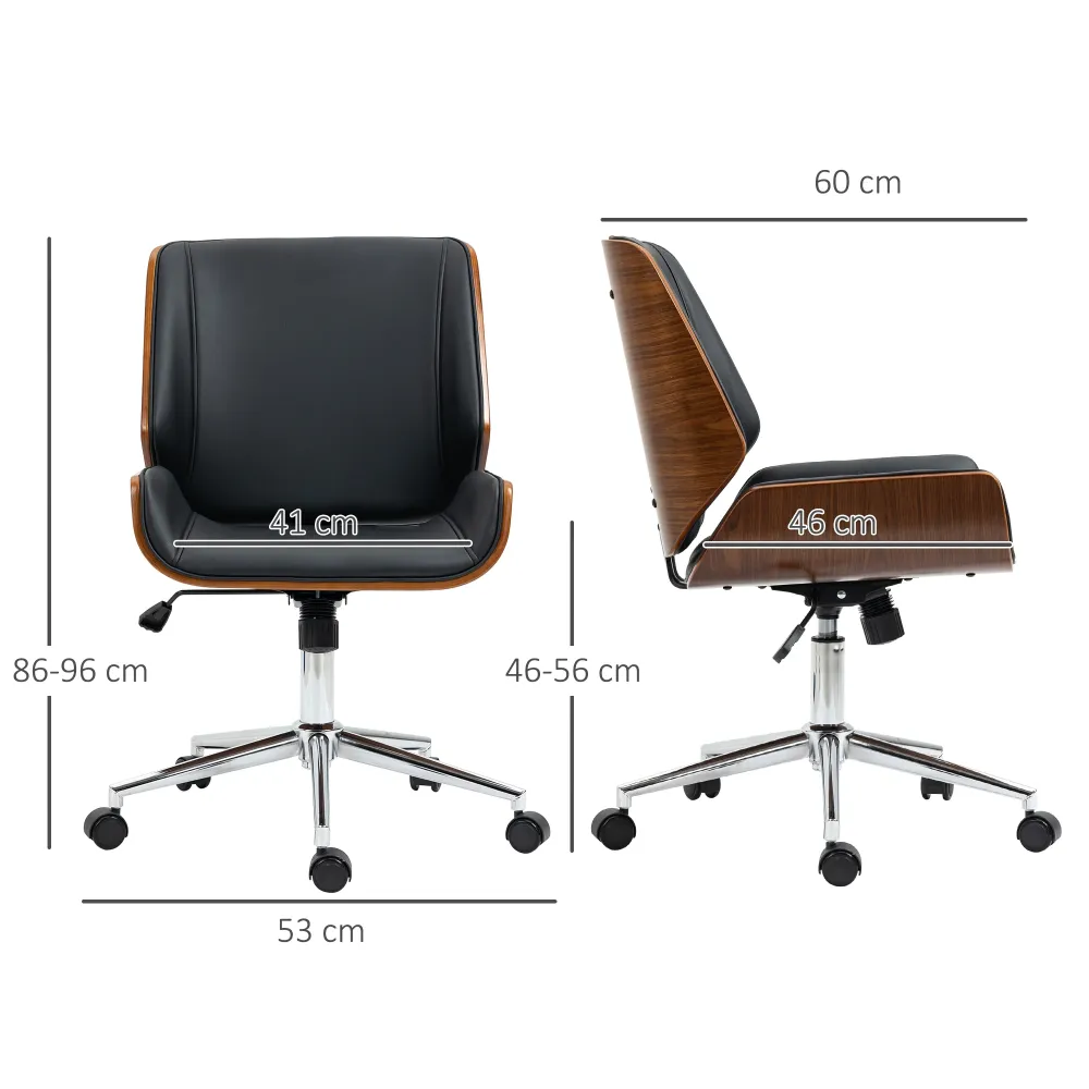 Sedia da Ufficio Design Vintage Imbottita Finta Pelle Struttura Legno di Pioppo Nero e Marrone Scuro